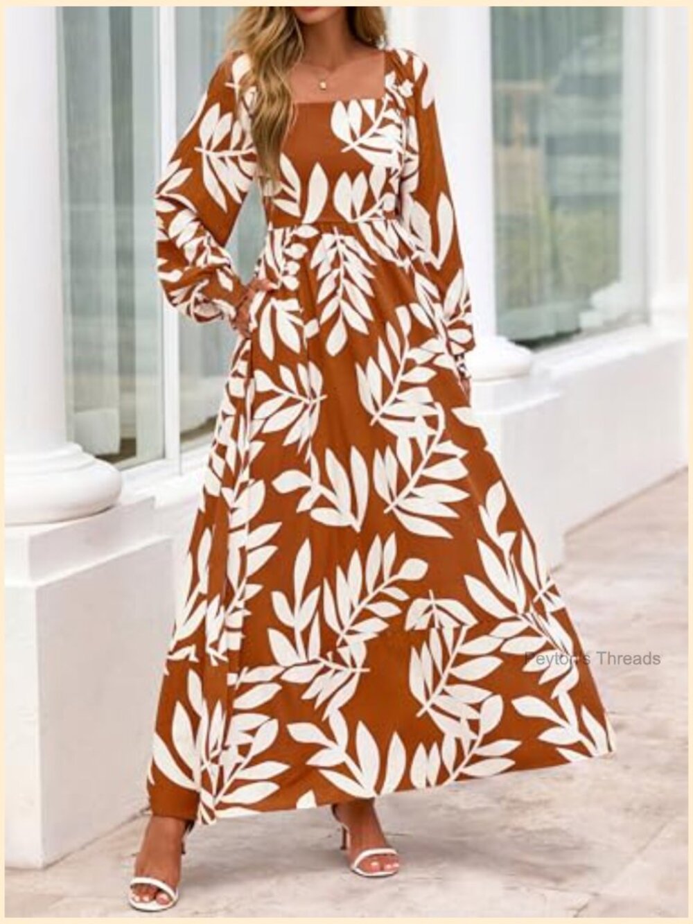 Square Neck Puff Sleeve Boho Maxi Dress with Pockets - Picture 3 of 7